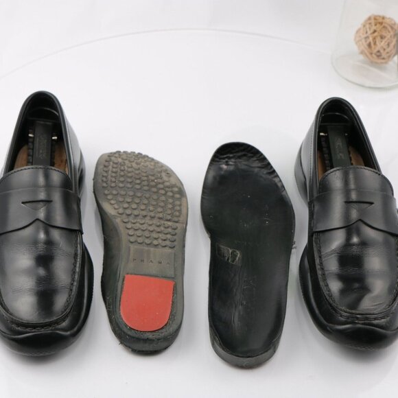 Prada Women Spazzolato Rois Penny Loafer Size 6 Black Leather Vibram Linea Rosa - Picture 10 of 12